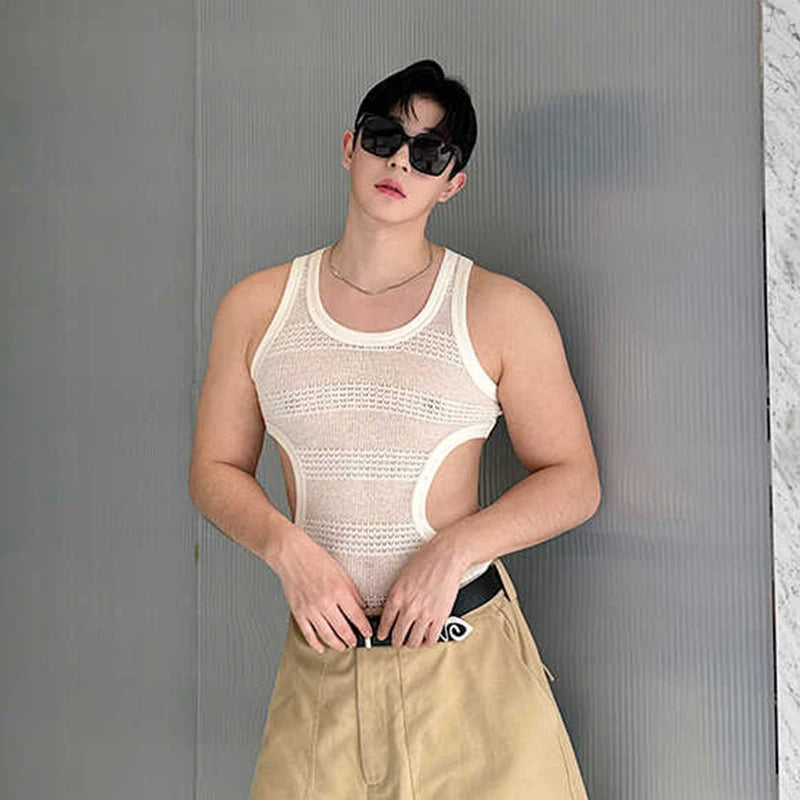 Hearujoy Summer Slim-fit Vest Sexy Men's Wear Hollowed Side Waist Round Collar Male Vests new Fashion Male Sleeveless Top