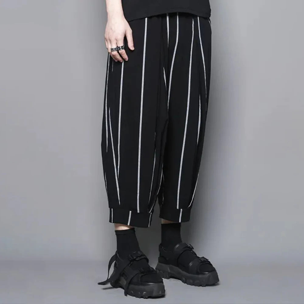 Hearujoy Men Casual Pants Striped Drawstring Streetwear Joggers Pockets Harem Trousers Loose Fashion Cropped Pants Man Clothes Pantalones