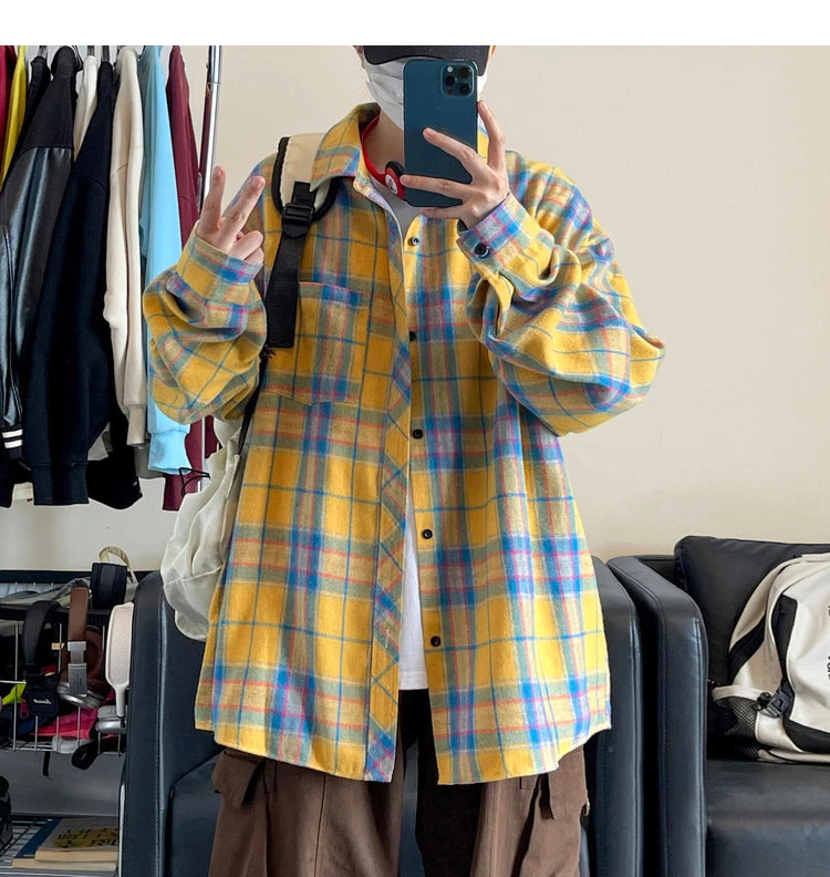 HEARUJOY  -  New in Spring Men's Shirts Classic Harajuku Long Sleeved Plaid Shirt Red Checkered Shirt Chemise Homme Cotton Male Check Shirts