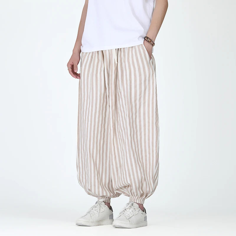 HEARUJOY  -  Men Casual Harem Pants Man Stripe Loose Jogging Pants Male Streetwear Cotton Linen Trousers Man Harajuku Wide Leg Pants