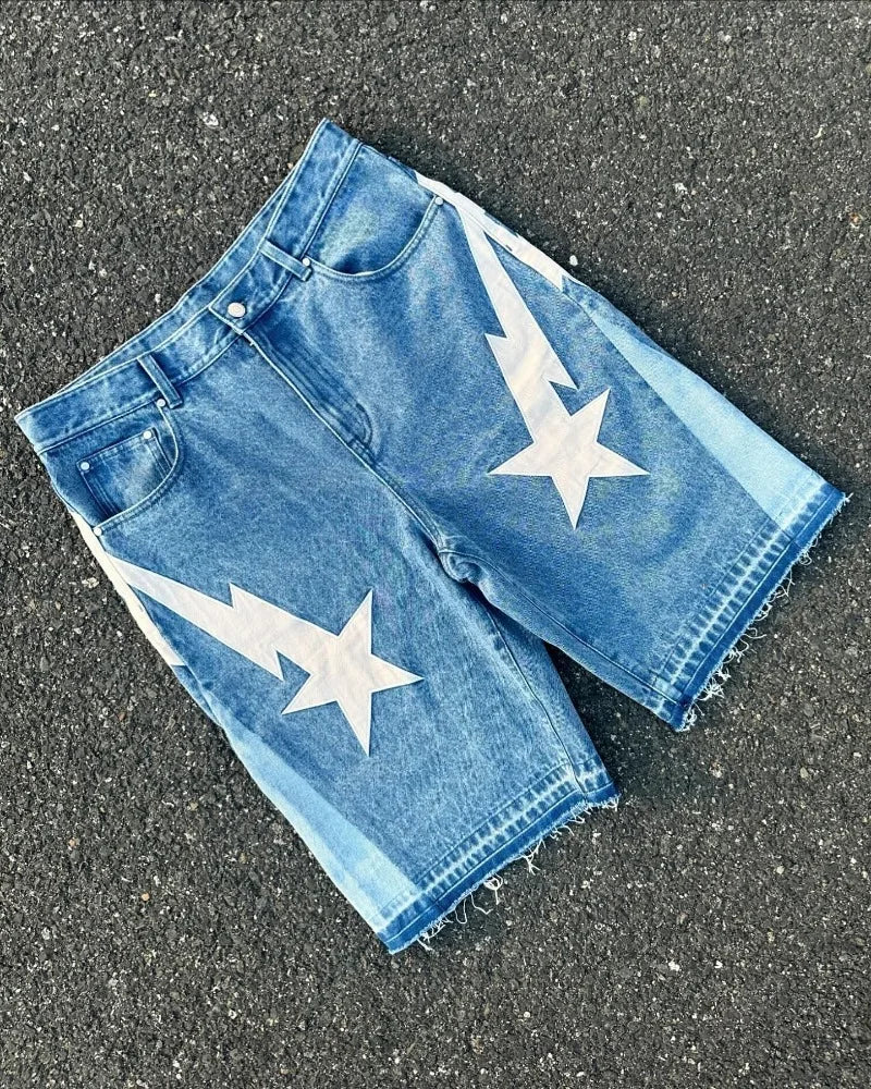 Hearujoy American fashion trend Street style wide-leg Jeans for men Y2k embroidered baggy jeans Goth punk High street casual shorts