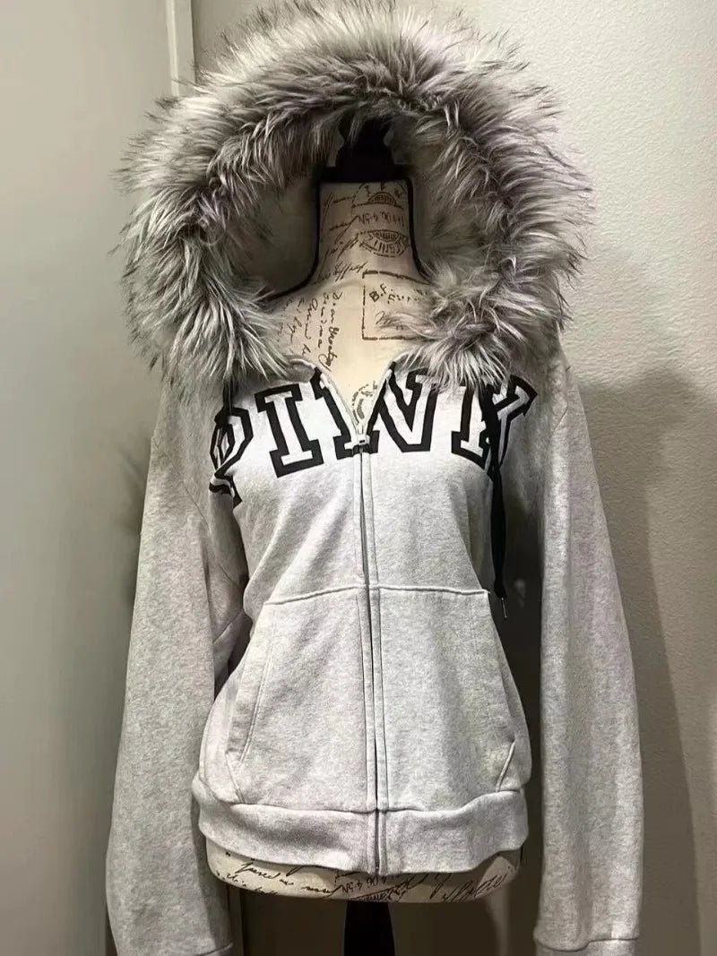 Hearujoy Street fashion winter personality print design zipper hoodie women Y2k 2025 new Harajuku vintage fur collar warm loose jacket