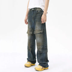 Hearujoy High Street Men's Denim Pants Loose Worn-out Washed Multi-pockets Straight Wide Leg Male Jeans Contrast Color Bottom 9C7029