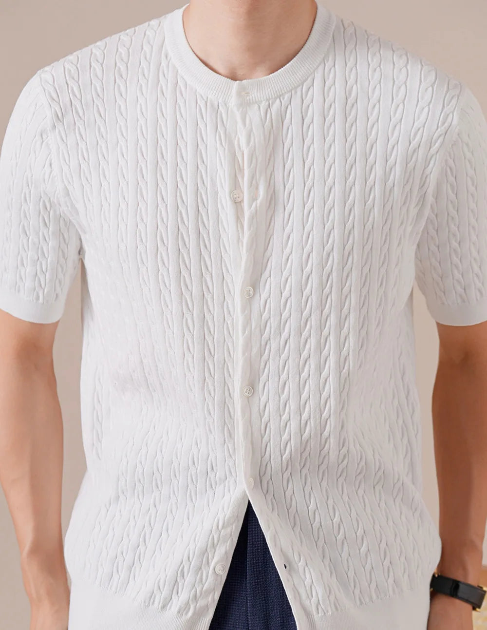 HEARUJOY  -  Summer Tencel Cotton Jacquard Knit Cardigan Men's Short Sleeve Thin Round Neck Draped Casual Business T-Shirt Breathable Polo