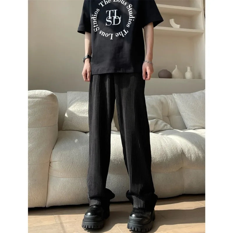 Hearujoy Summer Pleated Pants Men Fashion Oversized Ice Silk Pants Men Japanese Streetwear Loose Straight Pants Mens Casual Trousers