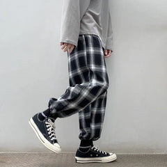 Hearujoy Black Plaid Pants Men Fashion Retro Casual Pants Loose Straight Wide Le Pants Men Streetwear Mens Vintage Trousers Plus Size 5XL