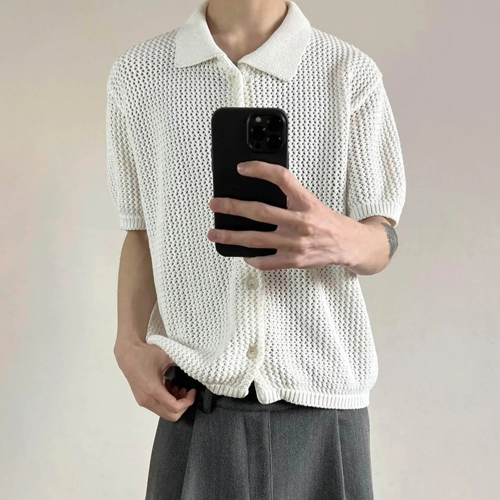 HEARUJOY  -  Men's Solid Color Hollow Short-Sleeved Shirt American Retro Fashion Trend Leisure Loose Breathable Niche Summer New Men's Tops