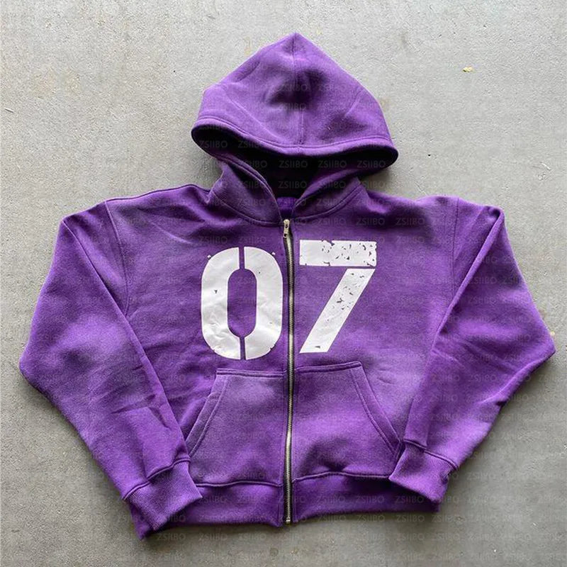 Hearujoy Gothic Retro Oversized Hoodie Number 07 Printing Y2k Hooded Cardigan Sweatshirts European and American Fashion Long Sleeve