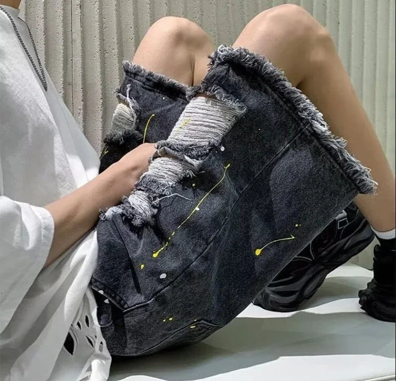 HEARUJOY  -  Loose Wide Ripped Bermuda Big Size with Pockets Half Long Baggy Oversize Short Jeans Pants for Men Man Denim Shorts Popular Emo