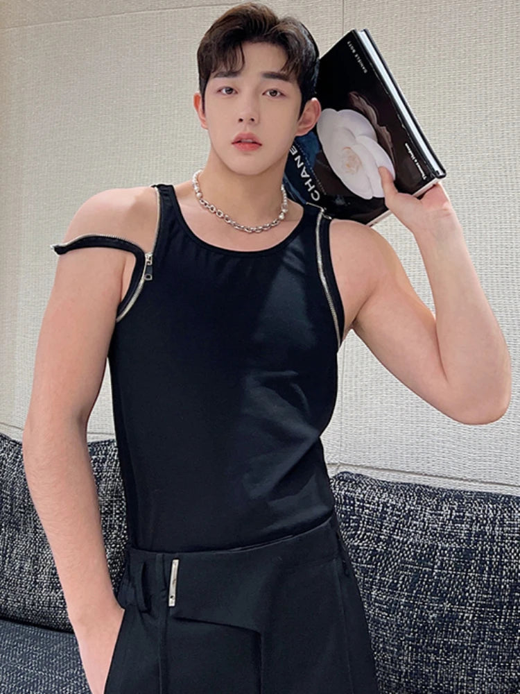 Hearujoy Korean Style Gothic fashion Summer Unisex Casual Sleeveless Vest Personality Shoulder Metal Zip Design Fashionable Slim Top