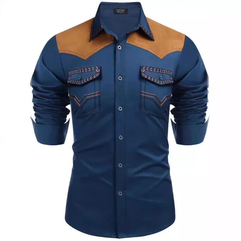HEARUJOY  -  Men's Western Shirt, Long-sleeved Denim Shirt, Men's Casual Buttoned Color-blocked Shirt Top
