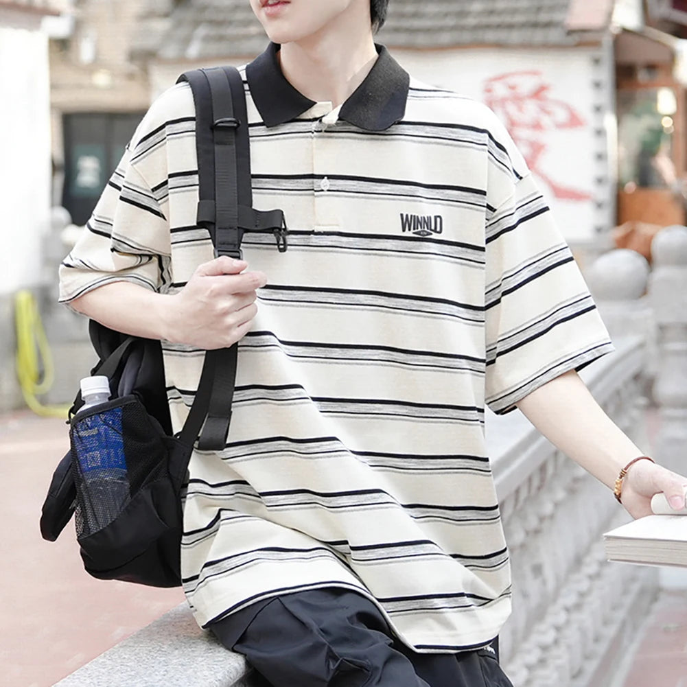 HEARUJOY  -  Casual Summer 2XL Mens Summer T-Shirts Casual Striped Short Sleeve Shirts Vintage Short Sleeve Tops Lapel Neckline