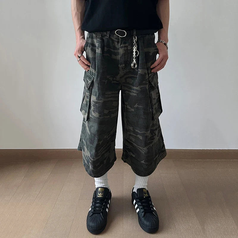 Hearujoy American Style Men's Denim Shorts Large Pocket Camouflage Workwear Trousers Straight Leg Casual Male Jeans 9C6708