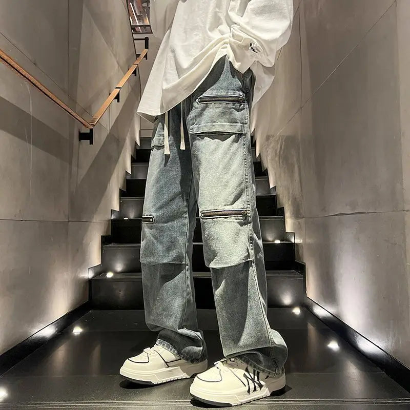 Hearujoy Oversize Zipper Workwear Jeans Straight Tube Loose American Plus Size Men's Pants High Street Vibe Trendy Brand Hip-hop