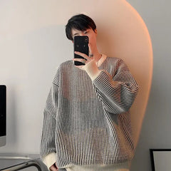 Hearujoy  Striped Knitted Sweater Coat Men Japanese Oversize Casual Autumn Winter Loose O-neck Pullovers for Man Streetwear