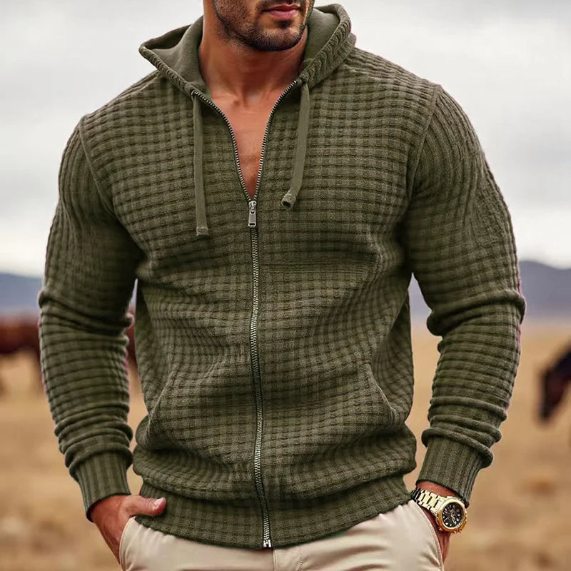 HEARUJOY  -  Stylish Loose Cardigan Tops Men Autumn Daily Casual Plaid Texture Zip-up Hooded Jackets For Mens Vintage Long Sleeve Jacket Coat
