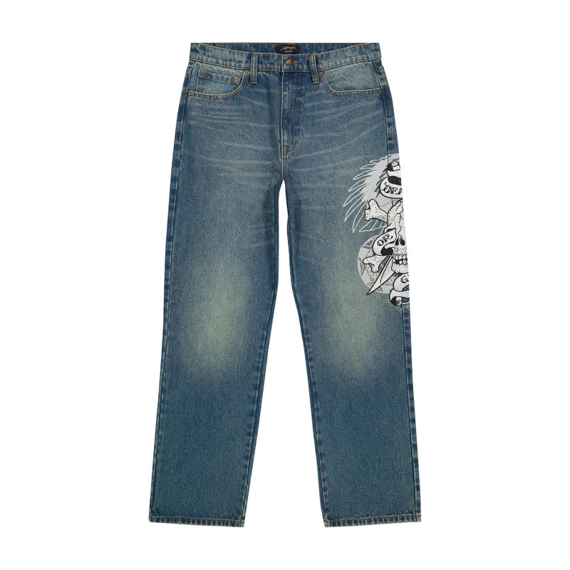 Hearujoy Hip Hop Punk Skull Print Baggy Blue Jeans for Women Y2k Street Wear Casual Straight Wide Leg Pants Hot Selling Denim Trousers