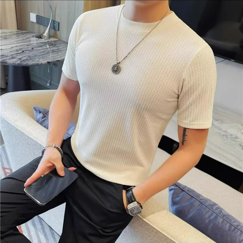 HEARUJOY  -  Men's Slim Stretch O-Neck Tee Trio | Breathable Knit T-Shirts in Black, White & Camel Fashion Men's Everyday Joker Top