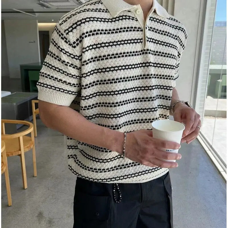 HEARUJOY  -  Summer Short Sleeved T-shirt Men Slim Fit Casual Striped T Shirt Men Streetwear Korean Knitted Lapel T Shirt Mens Polo Shirt