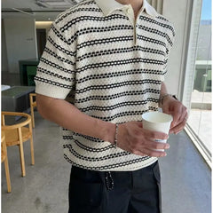 HEARUJOY  -  Summer Short Sleeved T-shirt Men Slim Fit Casual Striped T Shirt Men Streetwear Korean Knitted Lapel T Shirt Mens Polo Shirt