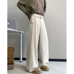 HEARUJOY  -  Belt Suit Pants Men Fashion Society Mens Black Dress Pants Korean Loose Wide Leg Pants Mens Office Formal Trousers Plus Size