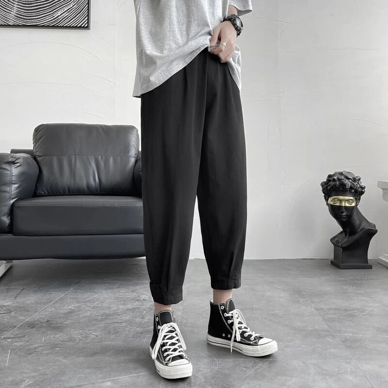 HEARUJOY  -  Summer Loose Solid Color Thin Men's Casual Harem Pants Harajuku Fashion Aesthetic Korean Style Designer Male Cropped Trousers