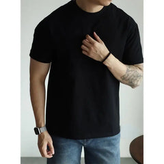 HEARUJOY  -  T-shirt American Pure Cotton Tough Guy Solid Color Men Short-sleeved Round Neck Couple Casual Versatile Business Base Shirt