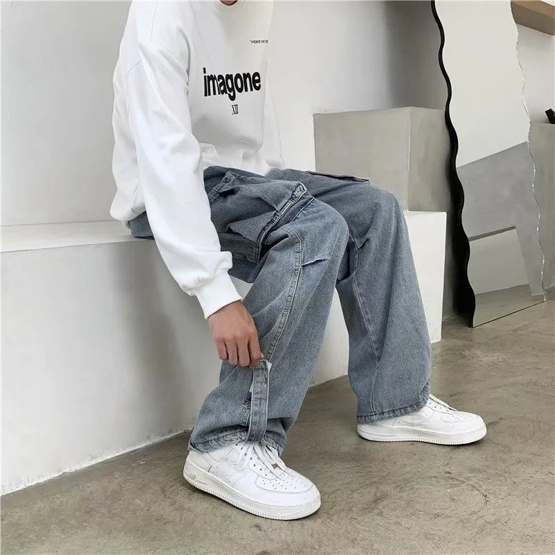 Hearujoy Hip Hop Jeans Men Baggy Cargo Pants Casual Big Pocket Denim Trousers Vintage Plus Size Bottoms Fashion Streetwear Y2K Clothing