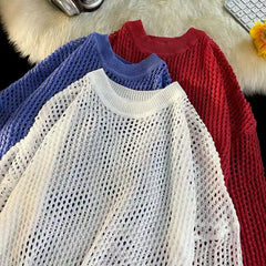 HEARUJOY  -  Hollow Hole Men Women knitted Tshirts High Street Fashion Loose Long Sleeved Top Autumn Sexy Mesh Knit Sweater Pullover Unisex