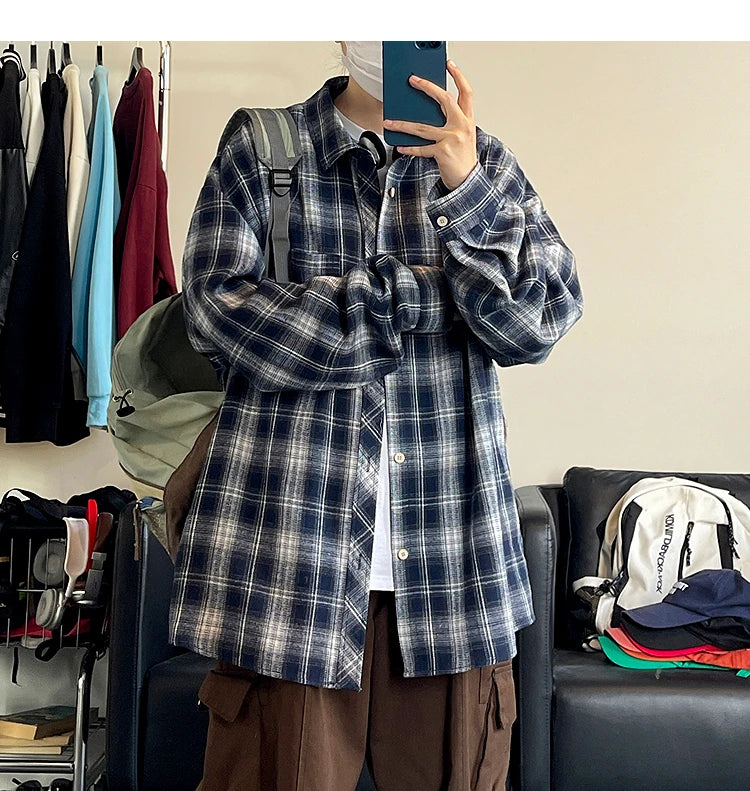 HEARUJOY  -  5XL Long Sleeved Shirt Men Oversized Retro Plaid Shirt Men Japanese Streetwear Loose Casual Shirt Mens Vintage Shirts Plus Size