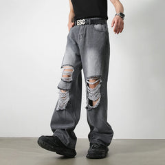 Hearujoy Harajuku Ripped Jeans Men Wide Leg Pants Oversize Hip Hop Darkwear Denim Trousers Male Casual Japanese Streetwear Hole