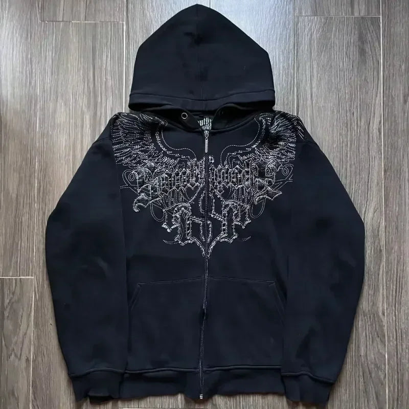 Hearujoy Affliction Hoodie Retro Gothic Skull Oversize Zipper Hoodie Mens Womens Hip Hop Casual Sweatshirt Personality Hooded Jacket Coat
