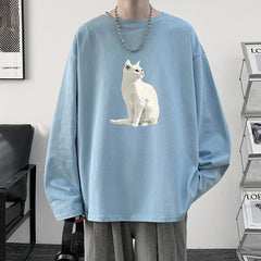 HEARUJOY  -  Men's Plain T-shirts Cotton Full Sleeves Fashion White Mens Oversized T Shirt Casual Wear Cat Walking Print Tee Shirts for Men