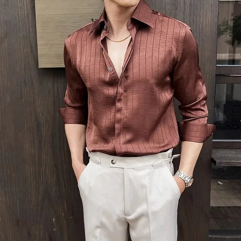 HEARUJOY  -  Spring Summer Men Smart Casual Black Shirts Fashion Men High Quality Striped Shirts Male Formal Party Wedding Blouse