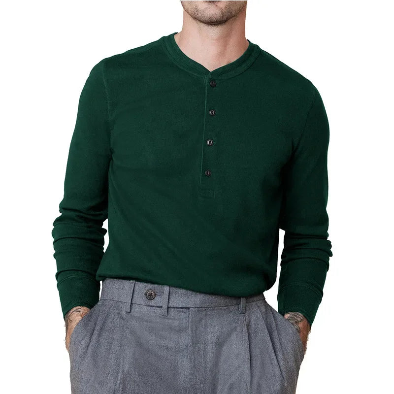 HEARUJOY  -  Men's Fashion Crewneck Long Sleeve T-shirt Henry Spring and Autumn Base Shirt Button Jumper Top