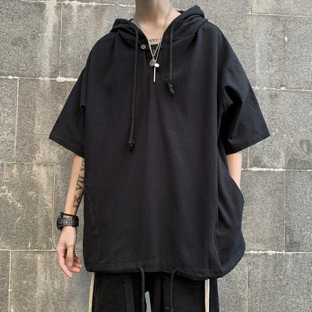 HEARUJOY  -  Casual Outing Black Men Hooded T-Shirt Oversize T Shirt Korean Style Tee Black Casual Shirt Yellow Casual Shirt