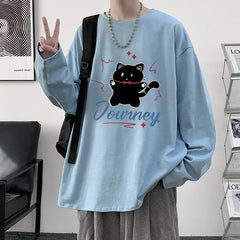 HEARUJOY  -  Men's Plain T-shirts Cotton Full Sleeves 5XL Fashion White Mens Oversized T Shirt Casual Wear Funny Cat Print Tee Shirts for Men