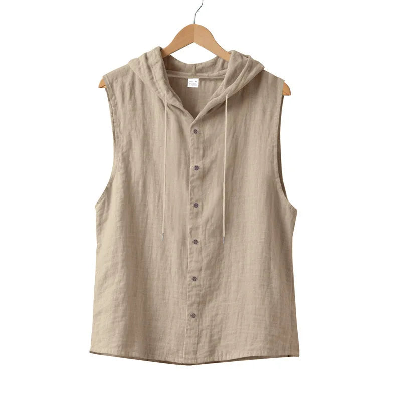 HEARUJOY  -  Summer Men's Casual Sleeveless Hooded Shirt, Linen Hooded Solid Color, Breathable and Loose Top