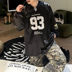 Hearujoy Mens Pullover American Digital Printing Sporty Long-Sleeved Retro Jersey T-Shirts Smooth Loose Fit Couples Tops Unisex Autumn