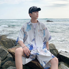 Hearujoy Summer Men's Hawaiian Beach Sets Single Breasted Graffiti Printed Short Sleeve Shirt and Shorts Casual Vacation Travel Outfit