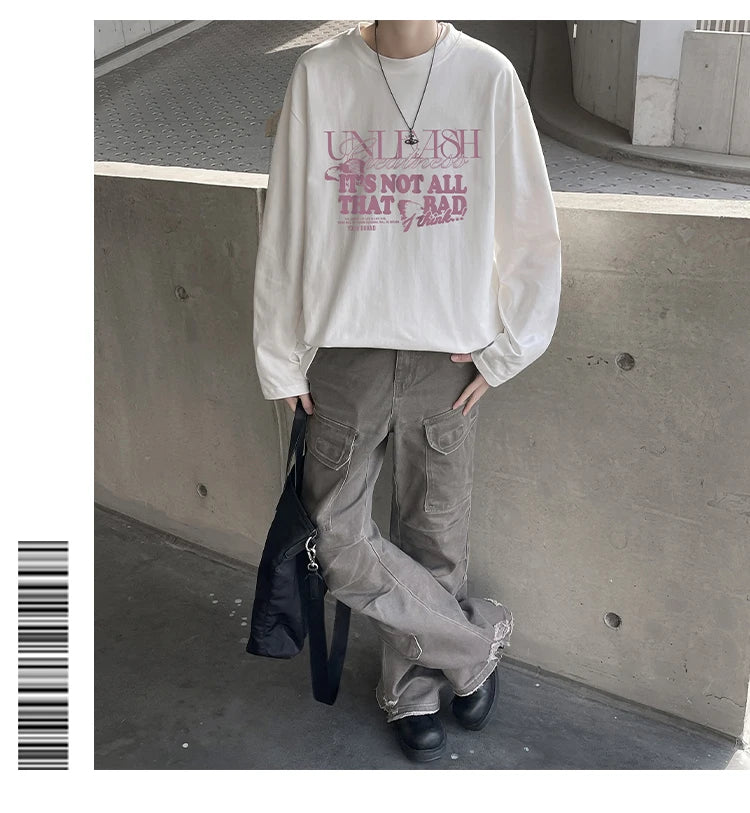 HEARUJOY  -  Fall Korean O Neck Long Sleeve T Shirt Men Cotton Fashion Letter Print Trend Casual Harajuku Oversized Couples Clothing Tops Tee