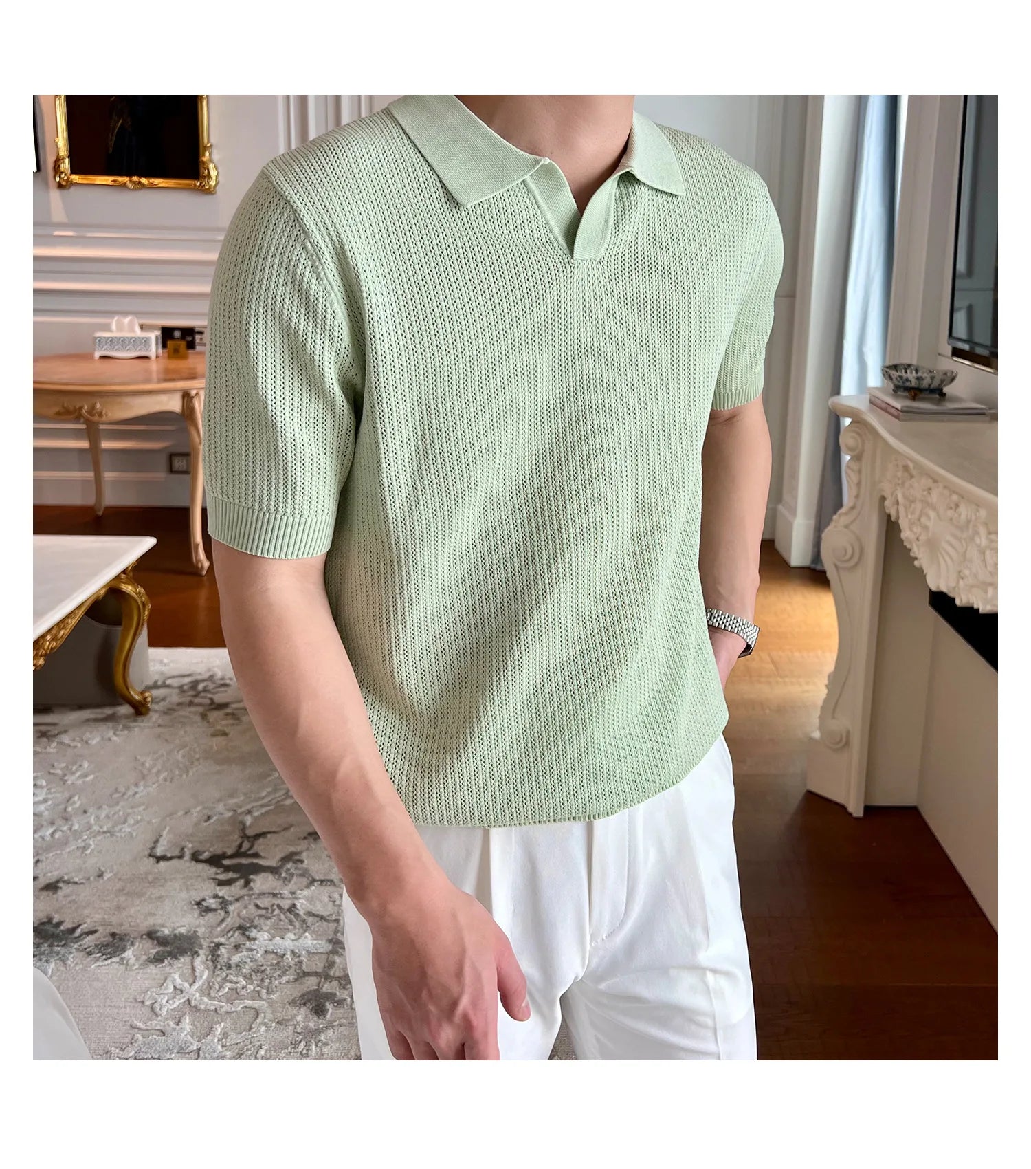 HEARUJOY  -  New Fashion Business Tops Men's Polo Shirt Light Luxury Leisure Knitted V Neck T-shirts for Man Korean Popular Short Sleeve Tees
