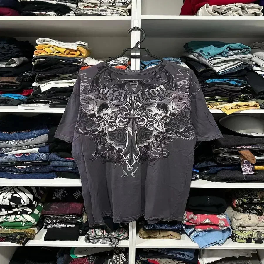 Hearujoy Y2K New Gothic T-shirt Classic Skull Print Short Sleeve Men's Women's Street Hip Hop Retro Harajuku Round Neck Loose Cotton Tops