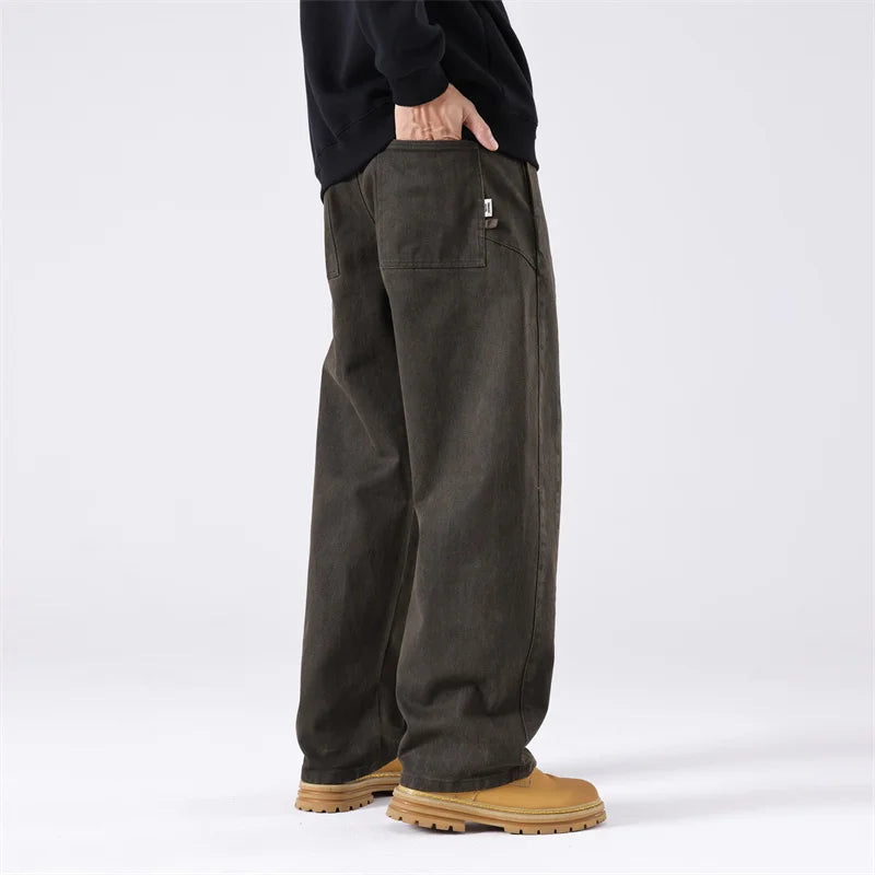 HEARUJOY  -  Men Vintage Washed Cotton Cargo Multi-pocket High Street Distressed Straight Tube Loose Wide-leg Workwear Trousers