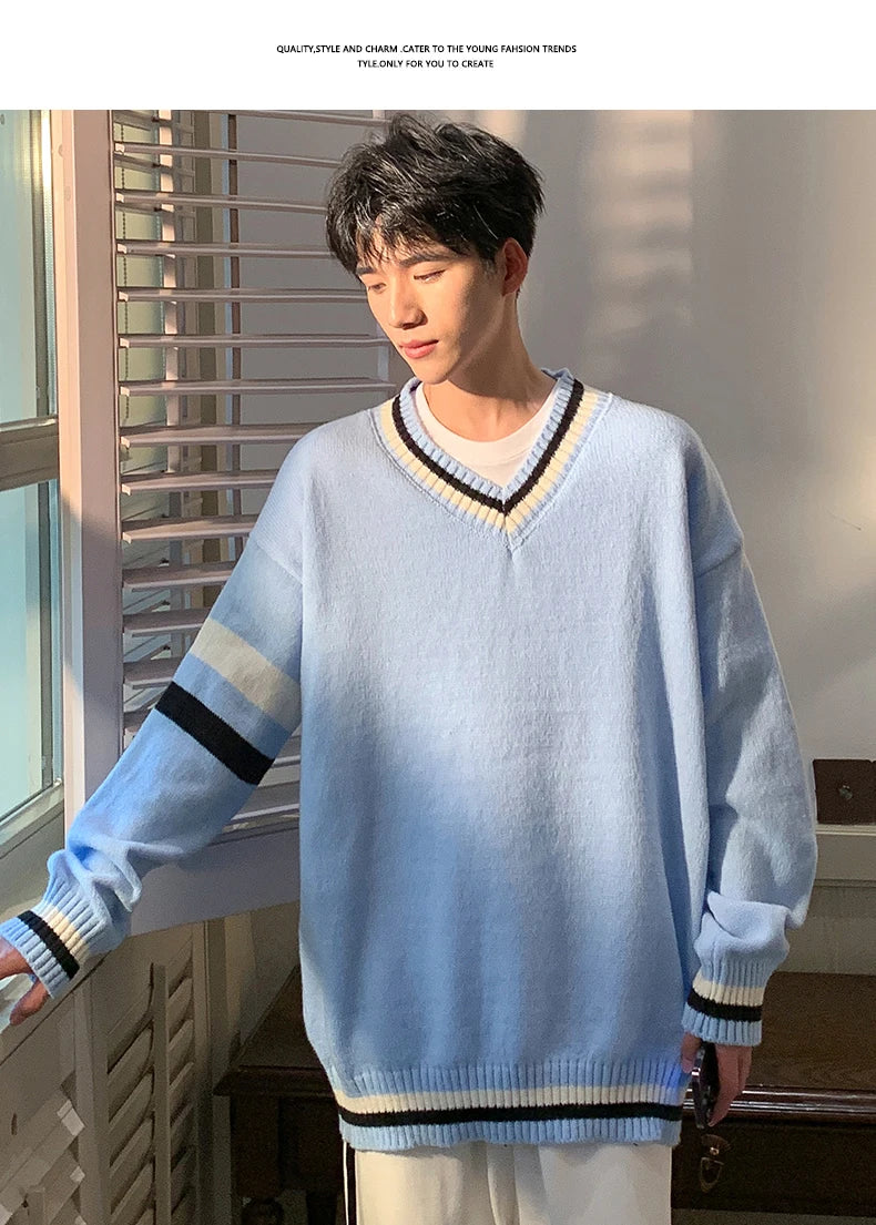 HEARUJOY  -  Preppy V-neck Sweater for Men Couples Pullovers Ins Knitted Top Autumn Korean Trendy Loose-fit Line Clothes for Students Youth
