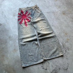 Hearujoy Y2K Fashion Red Print Grey Washed Baggy Jeans Men Women American Streets Harajuku Gothic Skateboard Pants Vintage Street Clothes