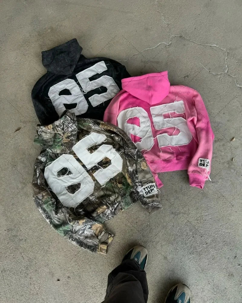 HEARUJOY  -  European and American Harajuku Retro Letter Embroidered Oversized Hoodie Men Camouflage Fashion, Loose Casual Pullover Women