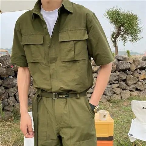 HEARUJOY  -  Male Shirts Trousers Sets Plain Green Men's Pants Set Essential Luxury Fashion Man 2025 Loose Kpop Novelty in Trends Costumes