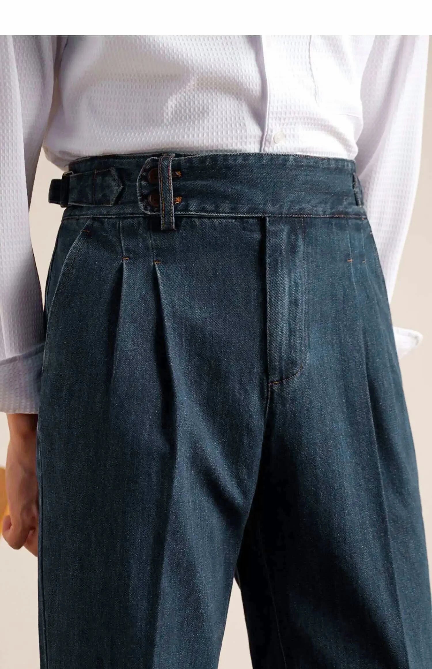 HEARUJOY  -  Naples Loose Washed High Grade Business Pant Men Dress Trouser High Quality Cotton Blend Double Pleated Jeans Straight Leg Pant