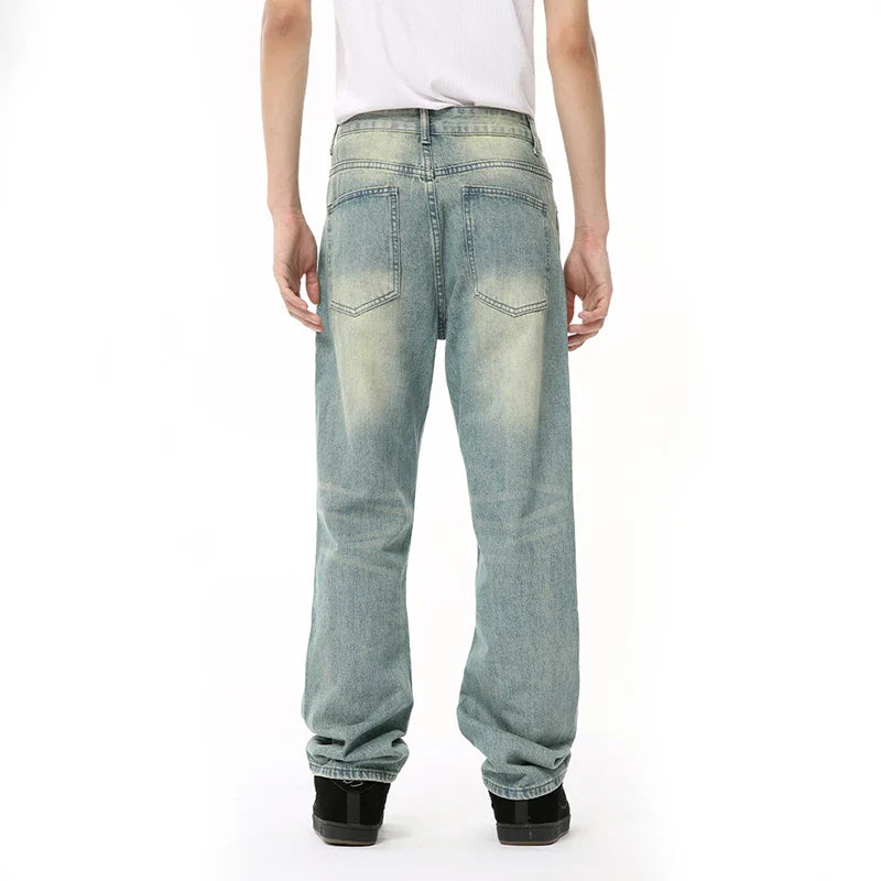 Hearujoy Male Denim Pants New American Worn-out Vintage Splash Ink Whiten Washed Straight Leg Jeans Summer Trendy 9C6674